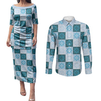 Cyan Manta Ray Hawaiian Quilt Motif Couples Matching Puletasi and Long Sleeve Button Shirt LT05 Blue - Polynesian Pride