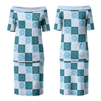 Cyan Manta Ray Hawaiian Quilt Motif Couples Matching Puletasi and Long Sleeve Button Shirt LT05 - Polynesian Pride