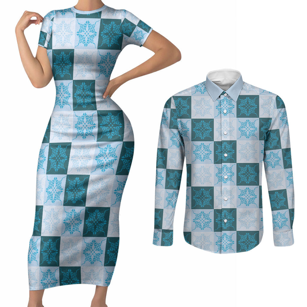 Cyan Manta Ray Hawaiian Quilt Motif Couples Matching Short Sleeve Bodycon Dress and Long Sleeve Button Shirt LT05 Blue - Polynesian Pride