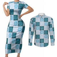 Cyan Manta Ray Hawaiian Quilt Motif Couples Matching Short Sleeve Bodycon Dress and Long Sleeve Button Shirt LT05 Blue - Polynesian Pride