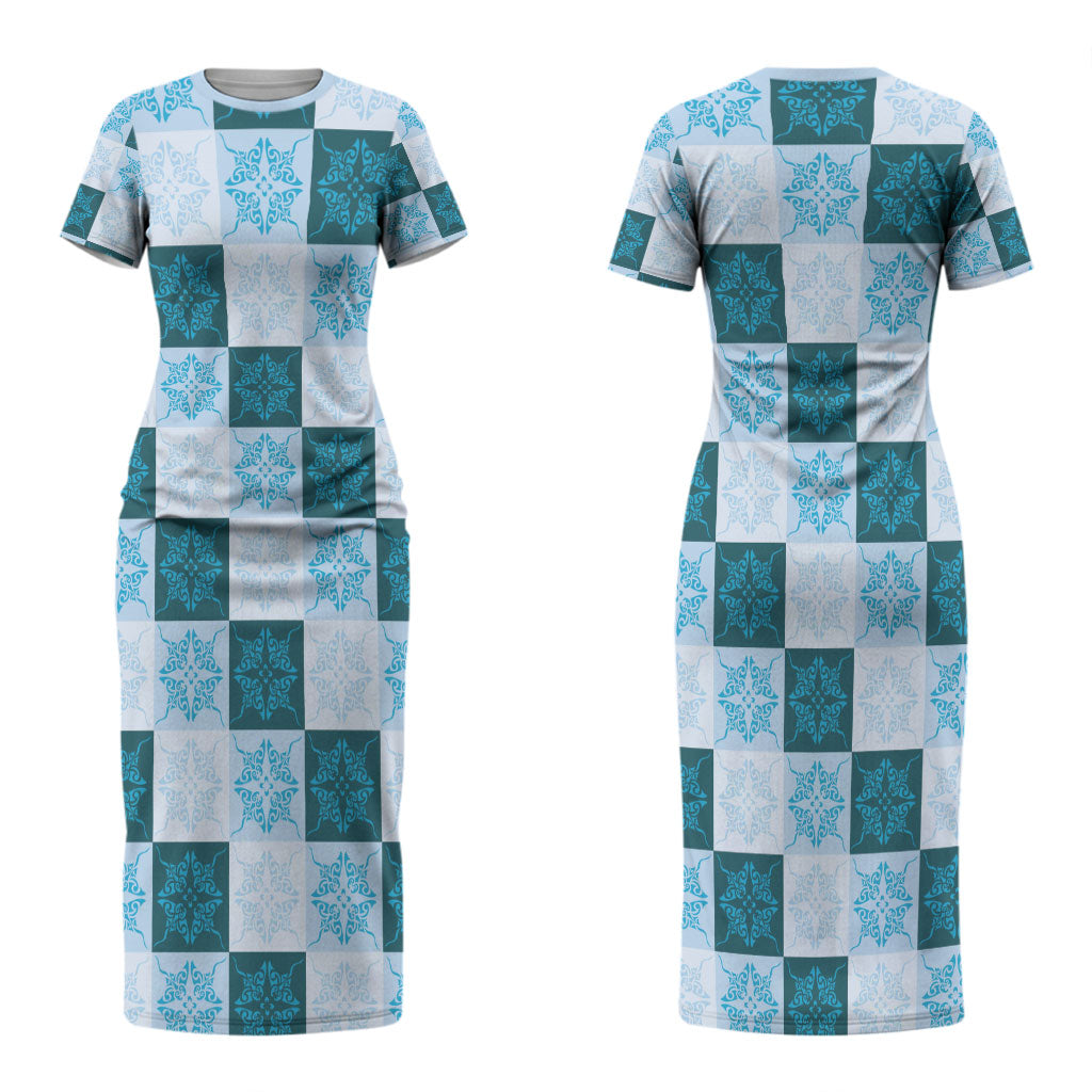 Cyan Manta Ray Hawaiian Quilt Motif Couples Matching Short Sleeve Bodycon Dress and Long Sleeve Button Shirt LT05 - Polynesian Pride