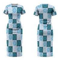 Cyan Manta Ray Hawaiian Quilt Motif Couples Matching Short Sleeve Bodycon Dress and Long Sleeve Button Shirt LT05 - Polynesian Pride