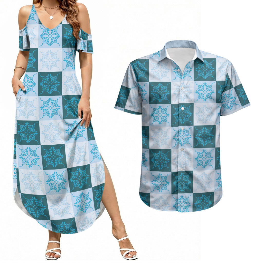 Cyan Manta Ray Hawaiian Quilt Motif Couples Matching Summer Maxi Dress and Hawaiian Shirt LT05 Blue - Polynesian Pride