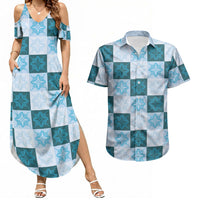 Cyan Manta Ray Hawaiian Quilt Motif Couples Matching Summer Maxi Dress and Hawaiian Shirt LT05 Blue - Polynesian Pride