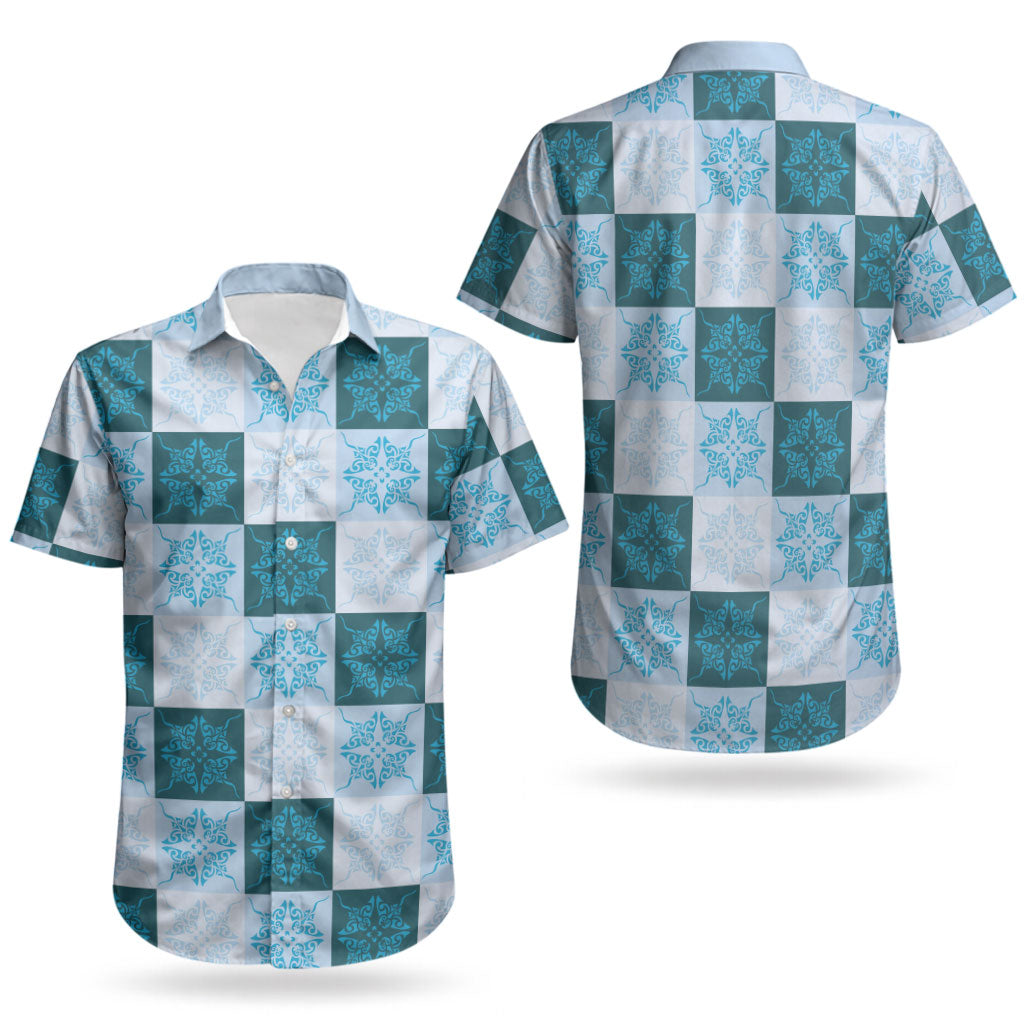 Cyan Manta Ray Hawaiian Quilt Motif Couples Matching Summer Maxi Dress and Hawaiian Shirt LT05 - Polynesian Pride