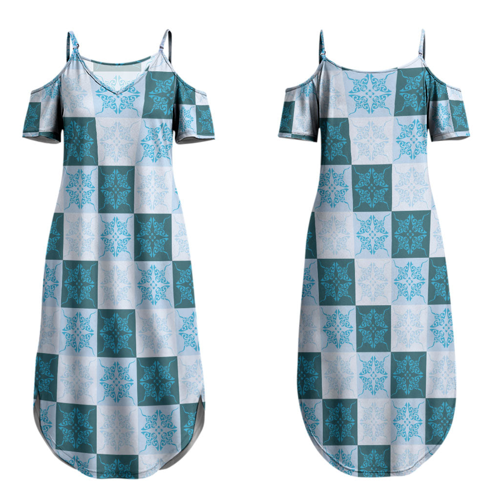 Cyan Manta Ray Hawaiian Quilt Motif Couples Matching Summer Maxi Dress and Hawaiian Shirt LT05 - Polynesian Pride