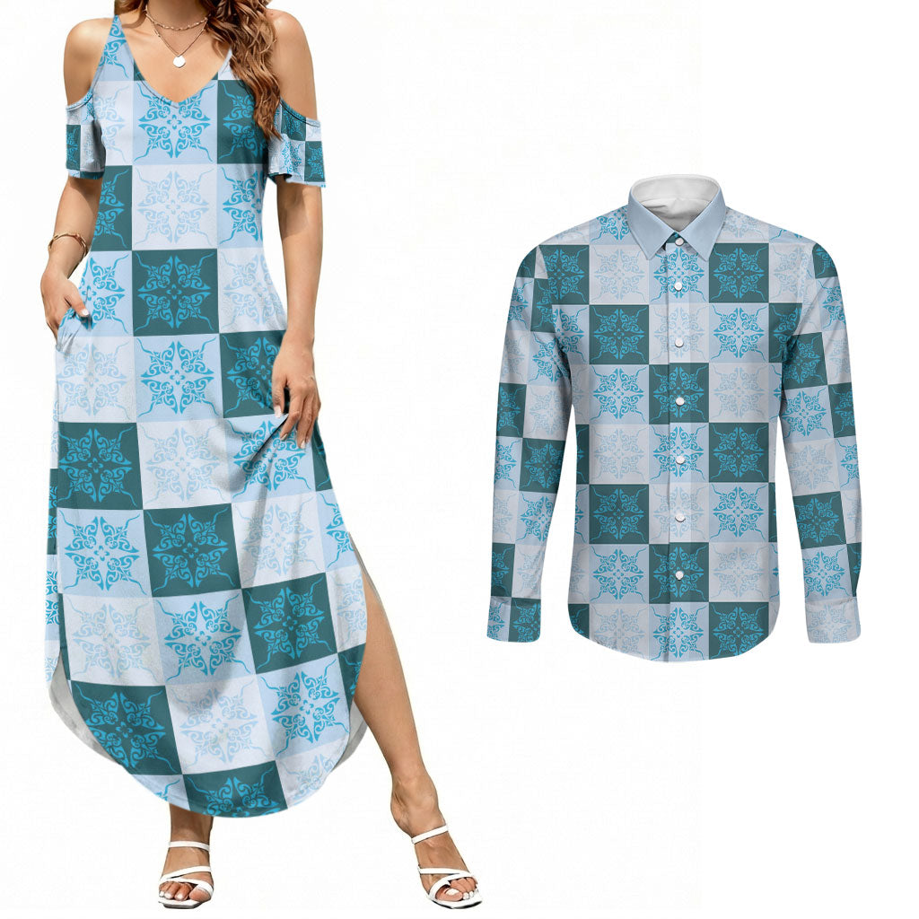 Cyan Manta Ray Hawaiian Quilt Motif Couples Matching Summer Maxi Dress and Long Sleeve Button Shirt LT05 Blue - Polynesian Pride