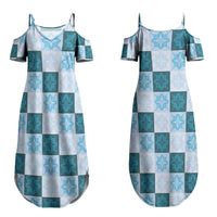 Cyan Manta Ray Hawaiian Quilt Motif Couples Matching Summer Maxi Dress and Long Sleeve Button Shirt LT05 - Polynesian Pride
