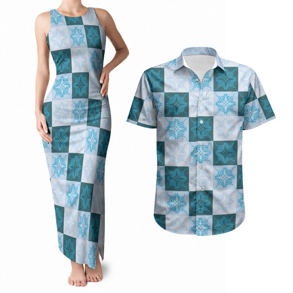 Cyan Manta Ray Hawaiian Quilt Motif Couples Matching Tank Maxi Dress and Hawaiian Shirt LT05 Blue - Polynesian Pride