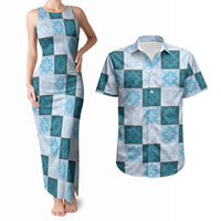 Cyan Manta Ray Hawaiian Quilt Motif Couples Matching Tank Maxi Dress and Hawaiian Shirt LT05 Blue - Polynesian Pride