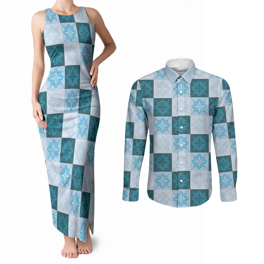 Cyan Manta Ray Hawaiian Quilt Motif Couples Matching Tank Maxi Dress and Long Sleeve Button Shirt LT05 Blue - Polynesian Pride