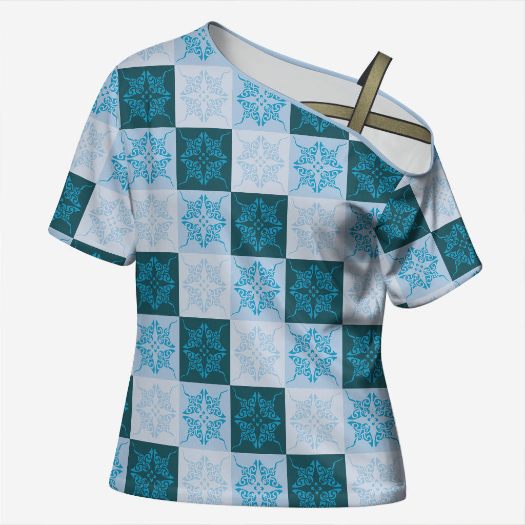 Cyan Manta Ray Hawaiian Quilt Motif Cross Shoulder Shirt LT05 Female Blue - Polynesian Pride