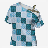 Cyan Manta Ray Hawaiian Quilt Motif Cross Shoulder Shirt LT05 Female Blue - Polynesian Pride