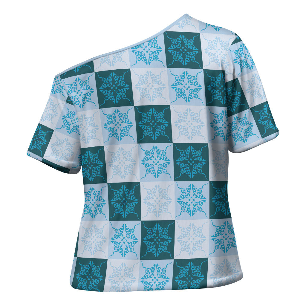 Cyan Manta Ray Hawaiian Quilt Motif Cross Shoulder Shirt LT05 - Polynesian Pride