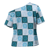 Cyan Manta Ray Hawaiian Quilt Motif Cross Shoulder Shirt LT05 - Polynesian Pride