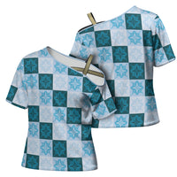 Cyan Manta Ray Hawaiian Quilt Motif Cross Shoulder Shirt LT05 - Polynesian Pride