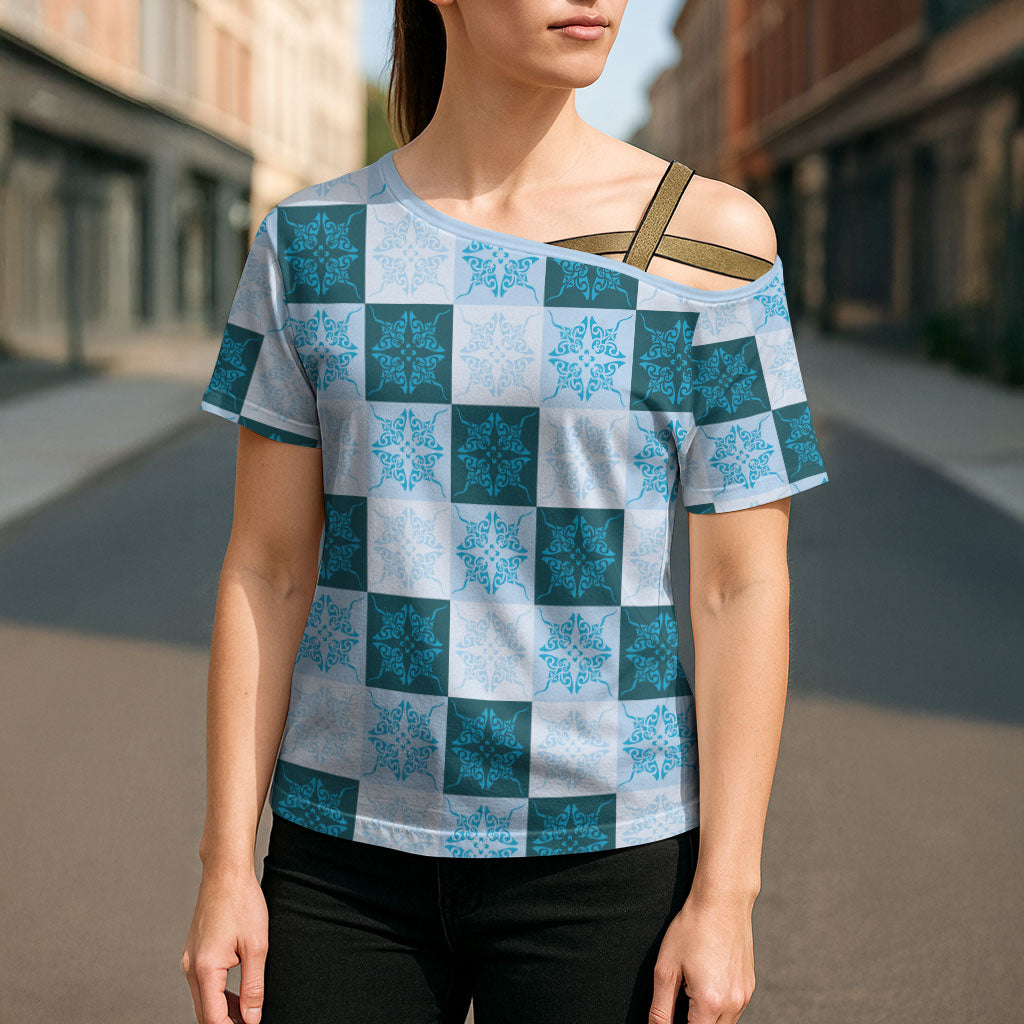 Cyan Manta Ray Hawaiian Quilt Motif Cross Shoulder Shirt LT05 - Polynesian Pride