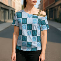 Cyan Manta Ray Hawaiian Quilt Motif Cross Shoulder Shirt LT05 - Polynesian Pride