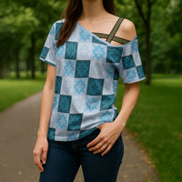 Cyan Manta Ray Hawaiian Quilt Motif Cross Shoulder Shirt LT05 - Polynesian Pride
