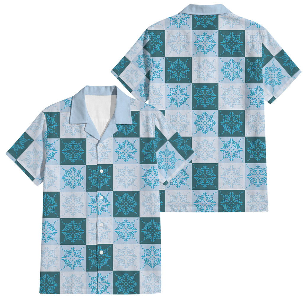 Cyan Manta Ray Hawaiian Quilt Motif Family Matching Mermaid Dress and Hawaiian Shirt LT05 Dad's Shirt - Short Sleeve Blue - Polynesian Pride