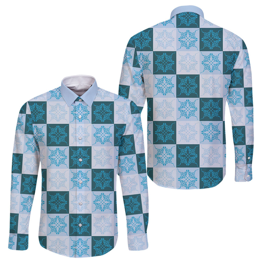 Cyan Manta Ray Hawaiian Quilt Motif Family Matching Mermaid Dress and Hawaiian Shirt LT05 Dad's Shirt - Long Sleeve Blue - Polynesian Pride