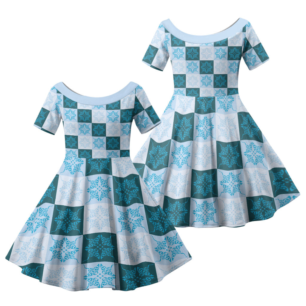 Cyan Manta Ray Hawaiian Quilt Motif Family Matching Mermaid Dress and Hawaiian Shirt LT05 Daughter's Dress Blue - Polynesian Pride