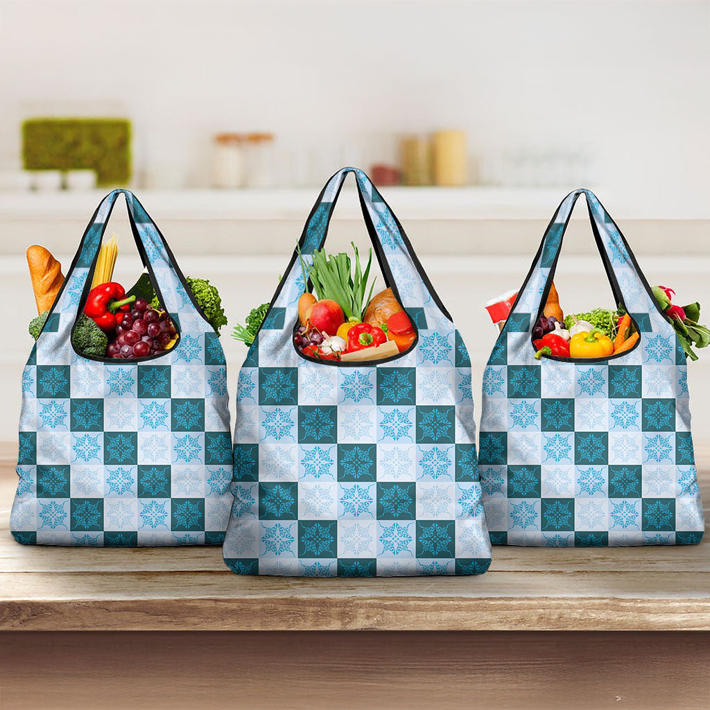 Cyan Manta Ray Hawaiian Quilt Motif Grocery Bag LT05 3-pack One Size Blue - Polynesian Pride