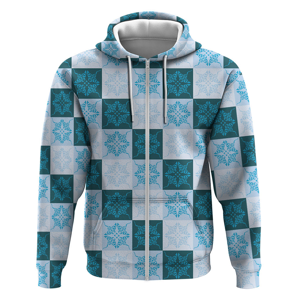 Cyan Manta Ray Hawaiian Quilt Motif Hoodie LT05 Zip Hoodie Blue - Polynesian Pride