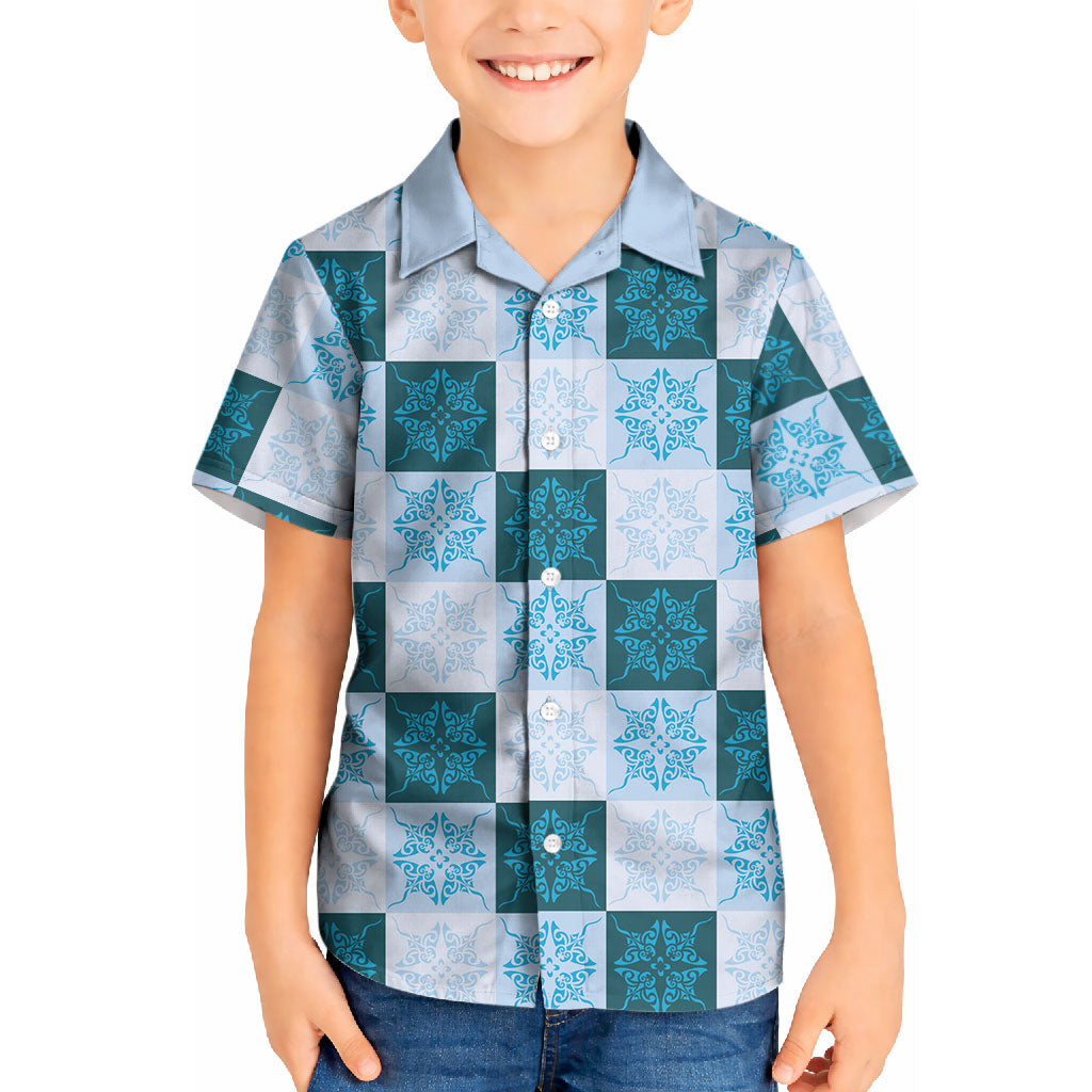 Cyan Manta Ray Hawaiian Quilt Motif Kid Hawaiian Shirt LT05 Kid Blue - Polynesian Pride