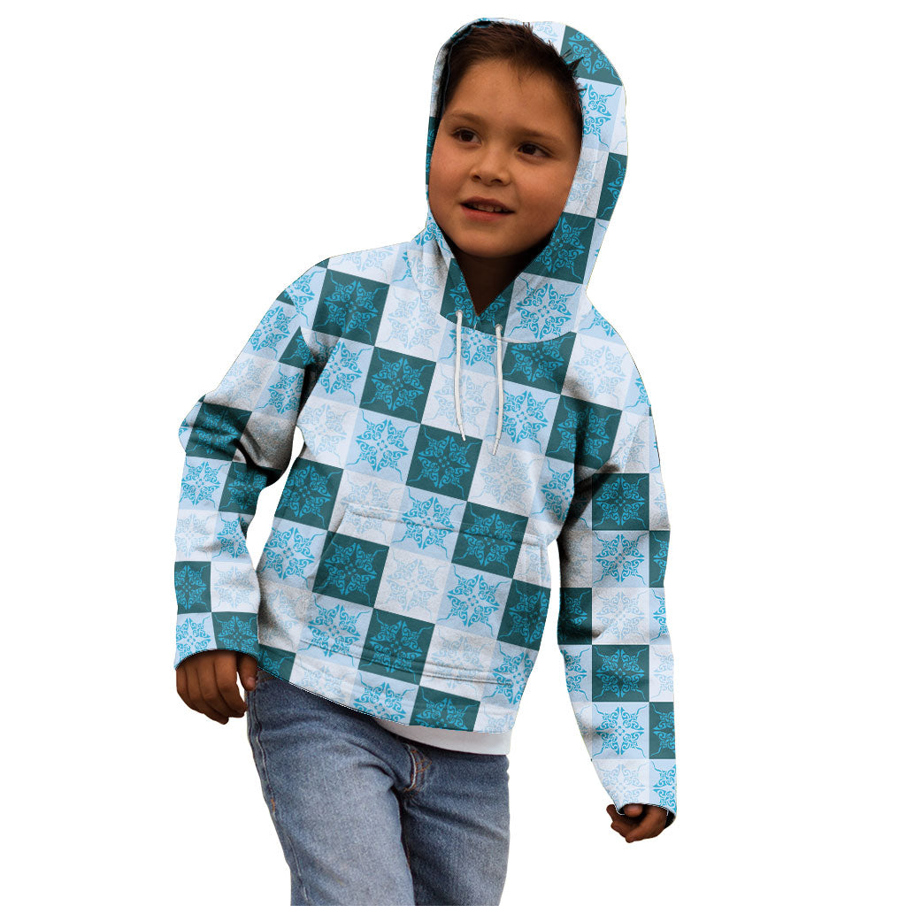 Cyan Manta Ray Hawaiian Quilt Motif Kid Hoodie LT05 - Polynesian Pride
