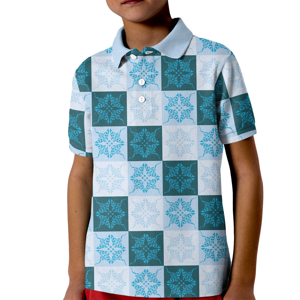Cyan Manta Ray Hawaiian Quilt Motif Kid Polo Shirt LT05 Kid Blue - Polynesian Pride