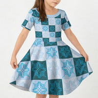 Cyan Manta Ray Hawaiian Quilt Motif Kid Short Sleeve Dress LT05 KID Blue - Polynesian Pride