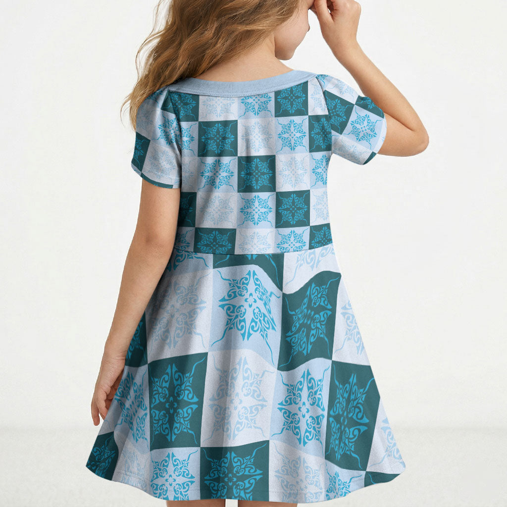 Cyan Manta Ray Hawaiian Quilt Motif Kid Short Sleeve Dress LT05 - Polynesian Pride