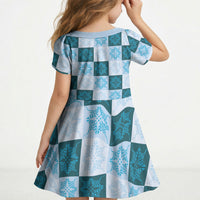 Cyan Manta Ray Hawaiian Quilt Motif Kid Short Sleeve Dress LT05 - Polynesian Pride