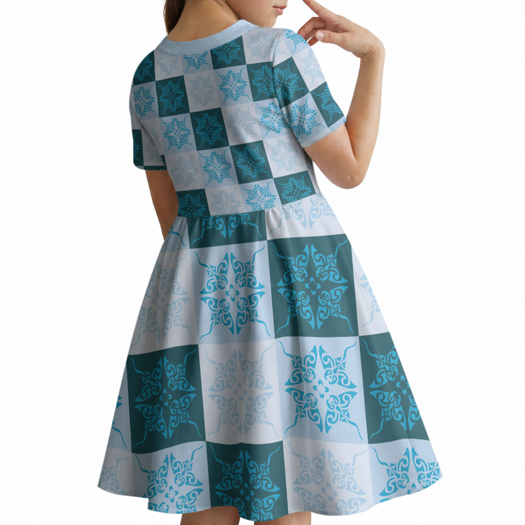 Cyan Manta Ray Hawaiian Quilt Motif Kid Short Sleeve Dress LT05 - Polynesian Pride