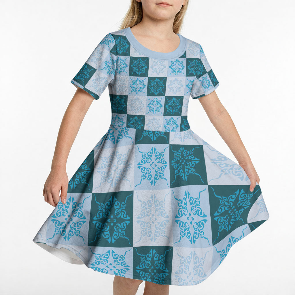 Cyan Manta Ray Hawaiian Quilt Motif Kid Short Sleeve Dress LT05 - Polynesian Pride