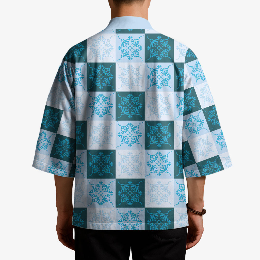 Cyan Manta Ray Hawaiian Quilt Motif Kimono LT05 - Polynesian Pride
