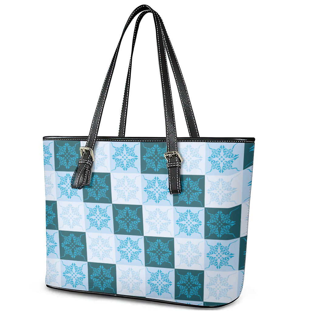 Cyan Manta Ray Hawaiian Quilt Motif Leather Tote Bag LT05 - Polynesian Pride