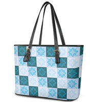 Cyan Manta Ray Hawaiian Quilt Motif Leather Tote Bag LT05 - Polynesian Pride