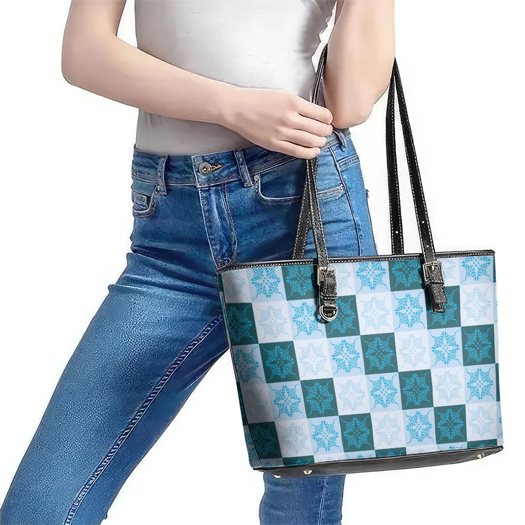 Cyan Manta Ray Hawaiian Quilt Motif Leather Tote Bag LT05 - Polynesian Pride