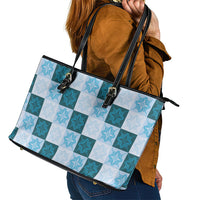 Cyan Manta Ray Hawaiian Quilt Motif Leather Tote Bag LT05 - Polynesian Pride