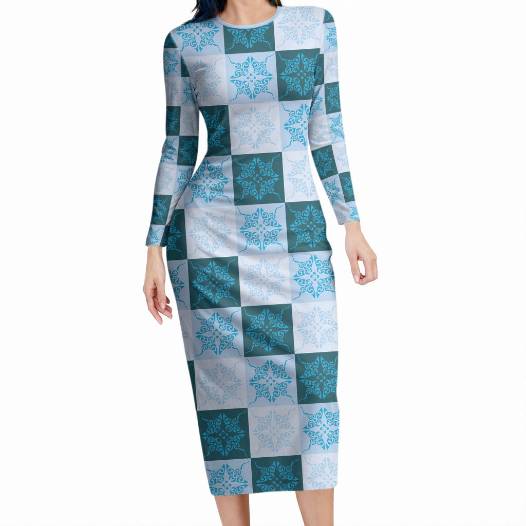 Cyan Manta Ray Hawaiian Quilt Motif Long Sleeve Bodycon Dress LT05 Long Dress Blue - Polynesian Pride