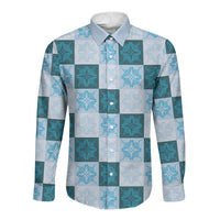 Cyan Manta Ray Hawaiian Quilt Motif Long Sleeve Button Shirt LT05 Unisex Blue - Polynesian Pride