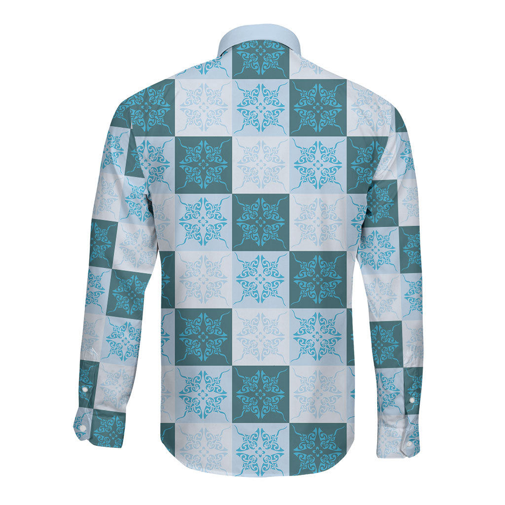 Cyan Manta Ray Hawaiian Quilt Motif Long Sleeve Button Shirt LT05 - Polynesian Pride