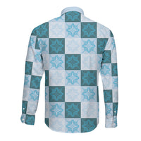 Cyan Manta Ray Hawaiian Quilt Motif Long Sleeve Button Shirt LT05 - Polynesian Pride