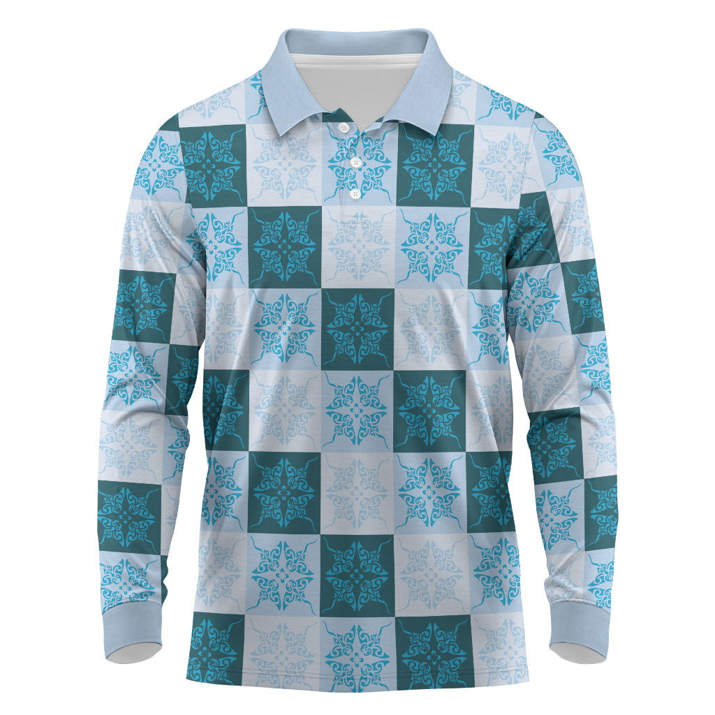Cyan Manta Ray Hawaiian Quilt Motif Long Sleeve Polo Shirt LT05 Blue - Polynesian Pride