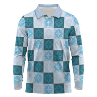 Cyan Manta Ray Hawaiian Quilt Motif Long Sleeve Polo Shirt LT05 Blue - Polynesian Pride