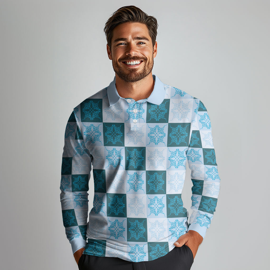 Cyan Manta Ray Hawaiian Quilt Motif Long Sleeve Polo Shirt LT05 - Polynesian Pride