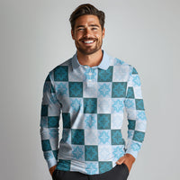 Cyan Manta Ray Hawaiian Quilt Motif Long Sleeve Polo Shirt LT05 - Polynesian Pride