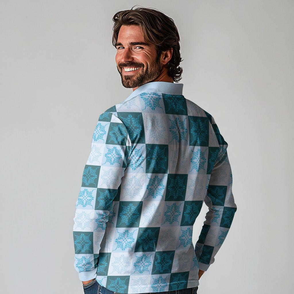 Cyan Manta Ray Hawaiian Quilt Motif Long Sleeve Polo Shirt LT05 - Polynesian Pride